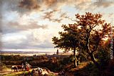 Barend Cornelis Koekkoek A Panoramic Rhenish Landscape With Peasants Conversing On A Track In The Morning Sun painting